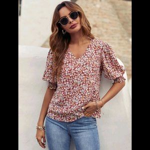 SHEIN Ditsy Floral Print V-neck Shirred Cuff Blouse (Size XL)